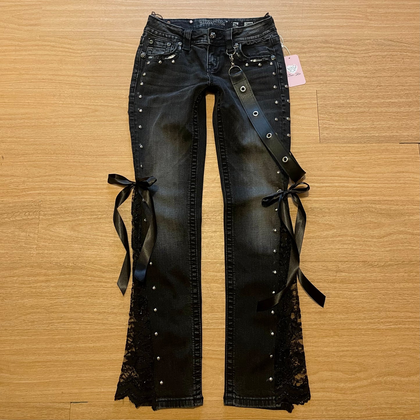 Reworked/upcycled y2k princess OOAK black ribbon jeans (with lace and embellishments)