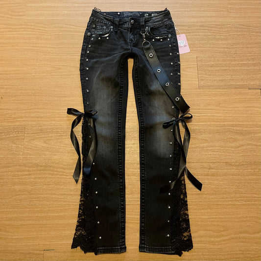 Reworked/upcycled y2k princess OOAK black ribbon jeans (with lace and embellishments)