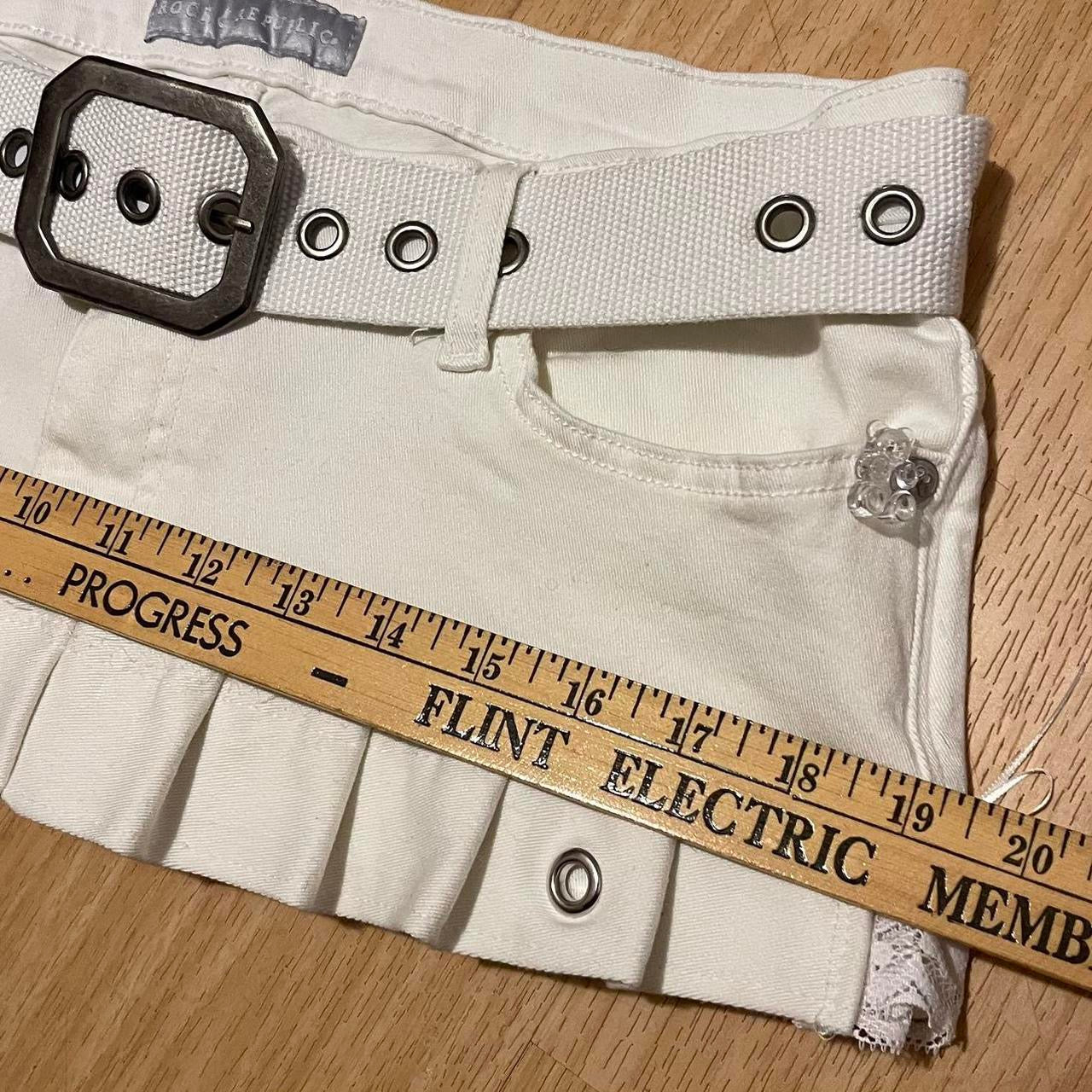 ୨୧ reworked ooak 2000s snow angel princess extreme denim micro mini skirt with ice clear teddy charms, lace trim, rhinestones, y2k grommet belt , & white bows