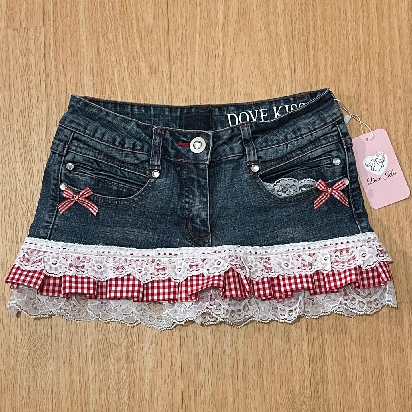 Reworked/Upcycled Diva Country Coquette Mini Skirt (with lace & embellishments)
