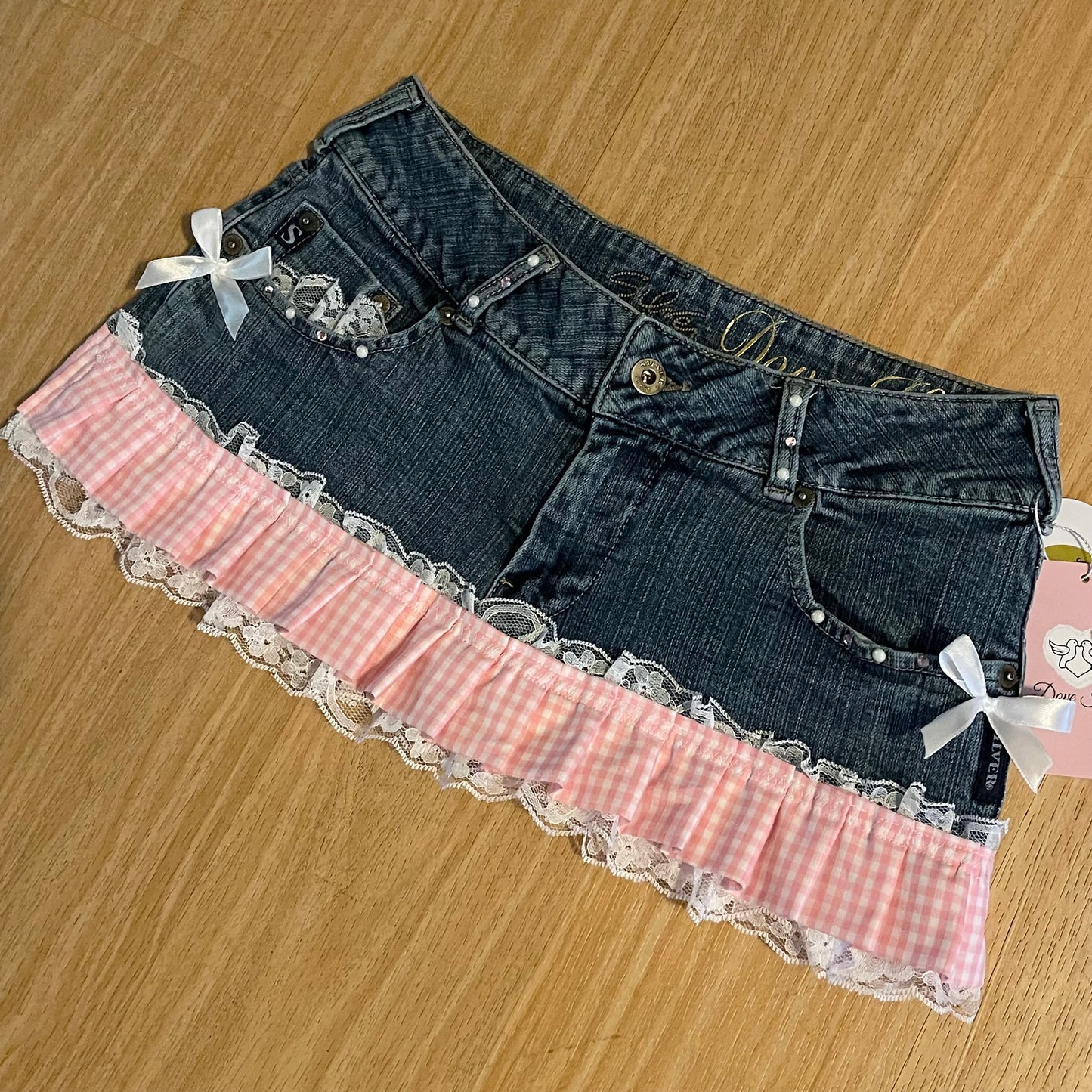 Reworked/Upcycled Diva Country Coquette Mini Skirt (with lace & embellishments)