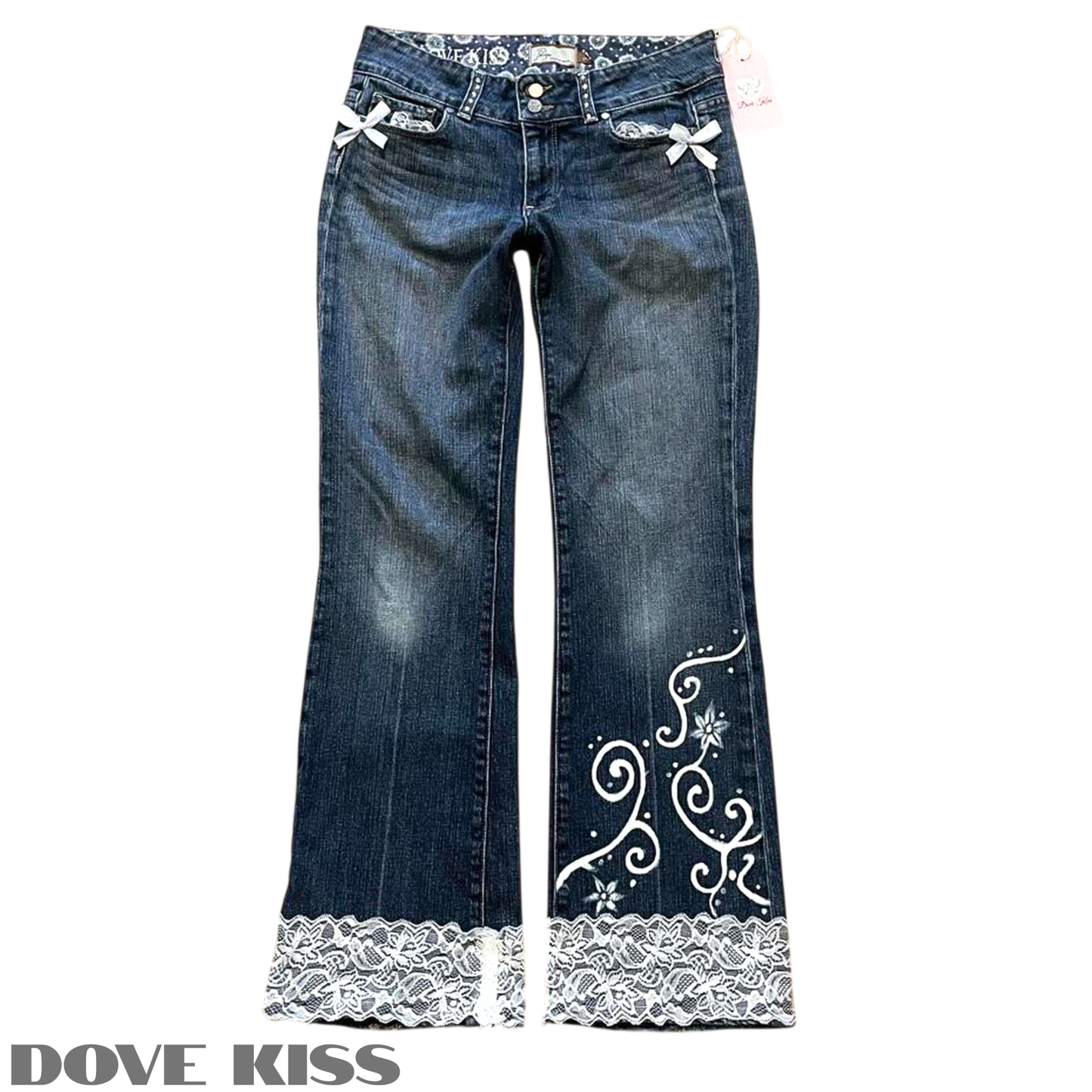 Reworked/Upcycled Y2K Princess Ribbon Jeans (with lace, hand-painted art & bows)
