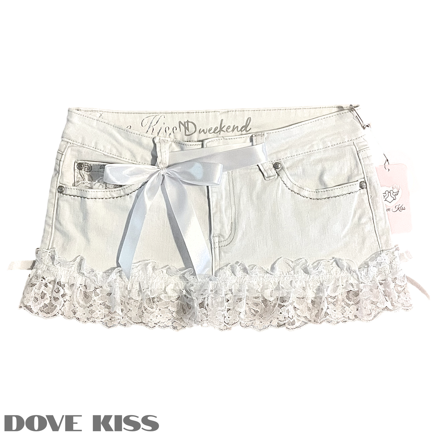 Reworked/Upcycled White Denim Mini Skirt (with lace & ribbons)