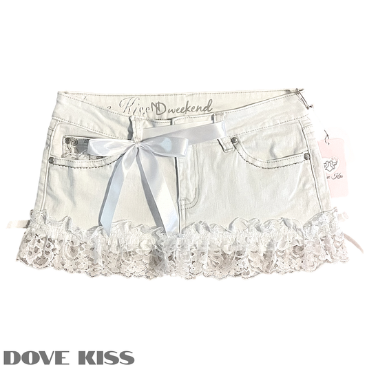 Reworked/Upcycled White Denim Mini Skirt (with lace & ribbons)